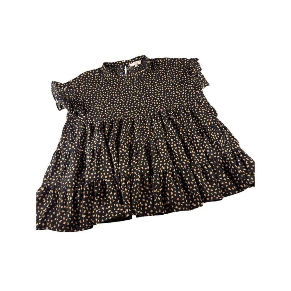Jess Lea Black Leopard‎ Print Tiered Babydoll Top 2XL Flutter Sleeve Ruffle Top